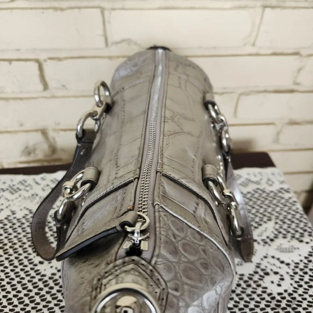 Euc Coach Ashley Crocodile Embossed Silver Leather Shoulder Bag